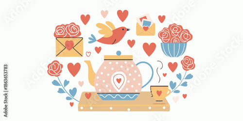 A charming valentine s day illustration with hearts birds and tea set