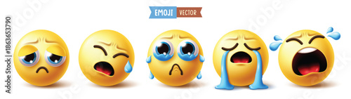 Emoji tears emoticon clipart set. Yellow emojis character clip art like cry, sob, frustrated, sad, grief, hurt and distressed mood and feeling emoji symbol collection vector illustration.
