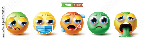 Emoji fever emoticon character clipart set. Sick Emojis clip art with cold, headache, nauseous, vomit, unwell and flu emoji symbol mood off collection vector illustration.

