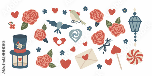 A charming collection of roses hearts birds and romantic elements