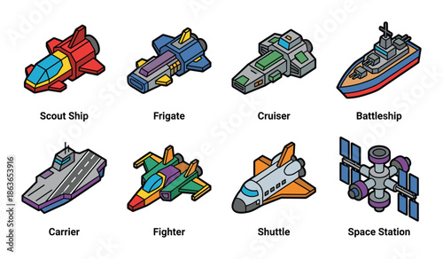 Isometric vector spaceships of different types, including scout ship, frigate, cruiser, battleship, carrier, fighter, shuttle