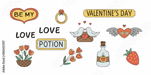 Valentine s day themed doodles with hearts potion and love symbols displayed