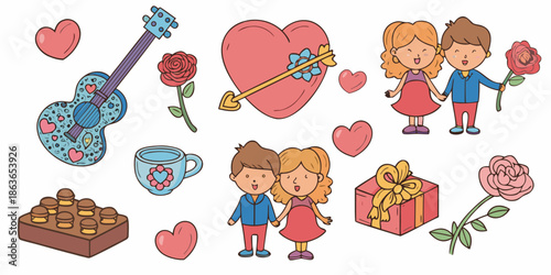 Cartoon illustration showcasing love symbols including hearts music and affectionate couples