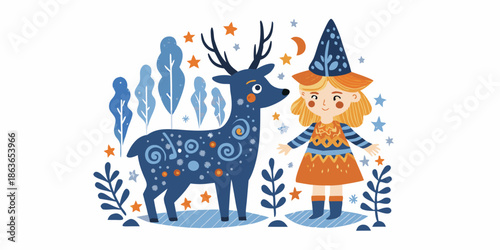 A whimsical illustration of a girl with a deer in a magical forest