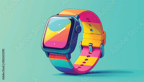 Colorful Smartwatch with Vibrant Rainbow Band on Light Blue Background.