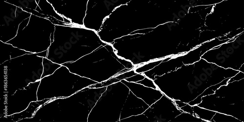 Abstract black marble texture with sharp white lightning-like veins crossing diagonally on a deep dark surface. High-contrast natural stone pattern ideal for luxury backgrounds, wallpaper, branding.