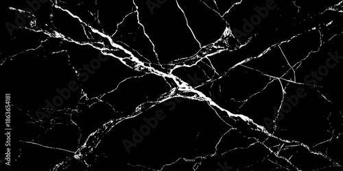 Abstract black marble texture with sharp white lightning-like veins crossing diagonally on a deep dark surface. High-contrast natural stone pattern ideal for luxury backgrounds, wallpaper, branding.