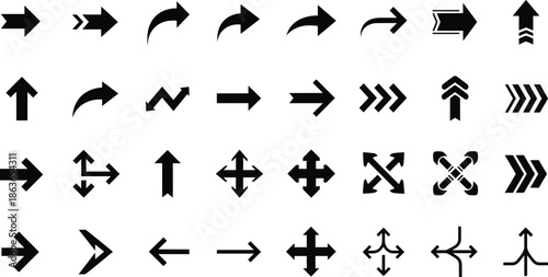 Black arrow icon collection vector illustration, navigation direction symbols set, up down left right pointers, flat minimal design, interface infographic web elements