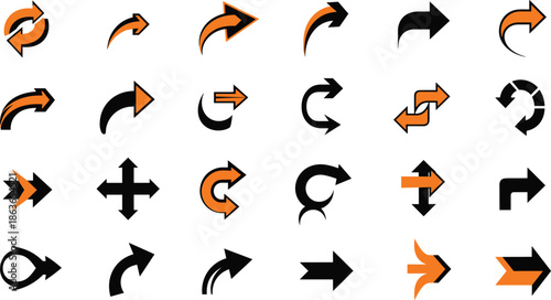 Orange black arrow icon collection vector illustration, navigation direction symbols set, curved straight pointers, refresh rotate arrows, flat modern user interface infographic elements