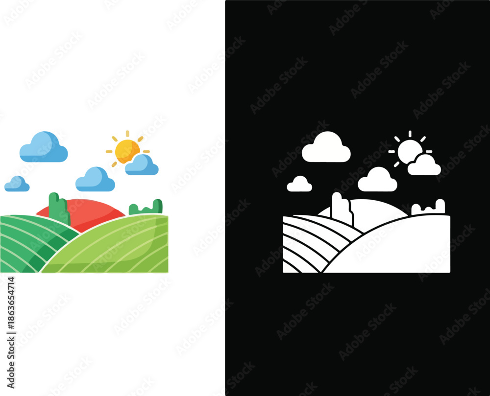 Fototapeta premium Landscape Icon: A minimalist landscape illustration. Featuring rolling hills, vibrant fields, fluffy clouds, and a cheerful sun. Capturing a sense of nature's beauty and tranquility.