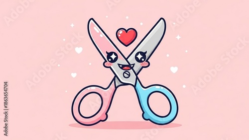 Cute animated scissors with a cheerful expression holding a red love heart symbolizing creativity and affection