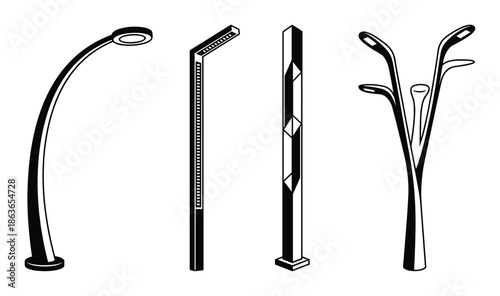 Line art depicts four diverse streetlight designs, offering varied architectural lighting solutions in monochrome.