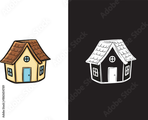 House Illustration: A charming house illustration, the colored one against a bright area and its line-art counterpart against a dark area, evoking feelings of home and shelter.