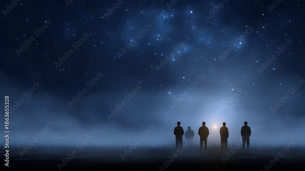 Fototapeta premium A group of silhouetted figures stand on a misty field gazing at a starry night sky illuminated by a distant bright light