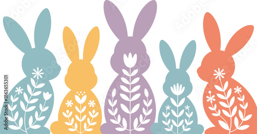 Five colorful Easter bunnies with intricate floral and leaf patterns sit together facing right