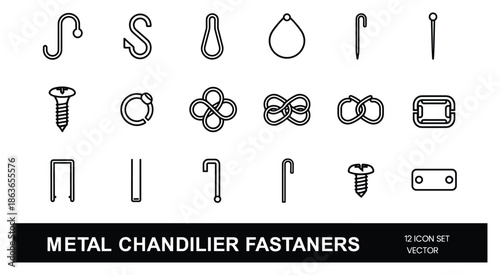 Metal chandelier fasteners icon set vector. A collection of metal hooks, screws and fasteners for chandelier installation.