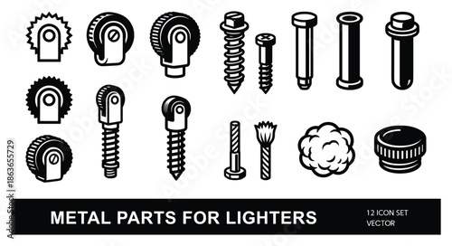 Metal parts icons for lighters, including screws, caps, flints, wicks, springs, and wheels. Vector illustration.