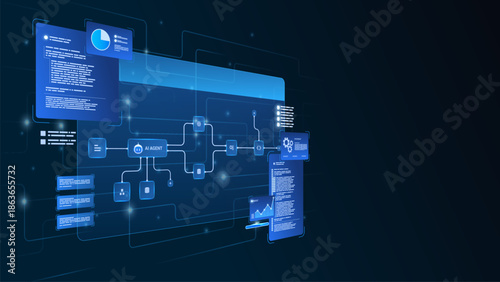 AI workflow automation artificial intelligence. ai agent workflow diagram dashboard machine learning showing node input, processing and database connections, modular automation steps.