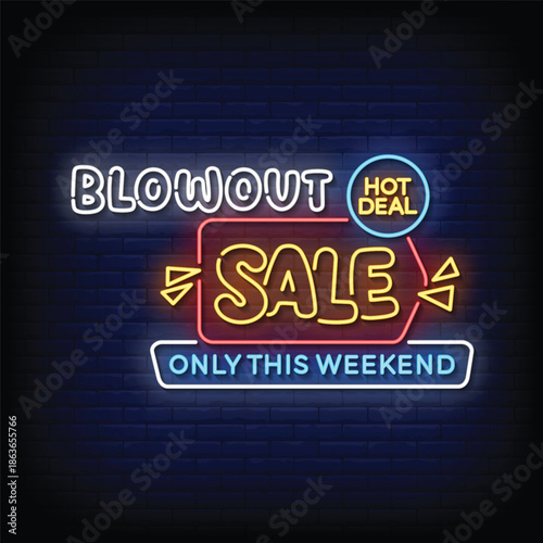 blowout sale neon signboard with brick wall background vector