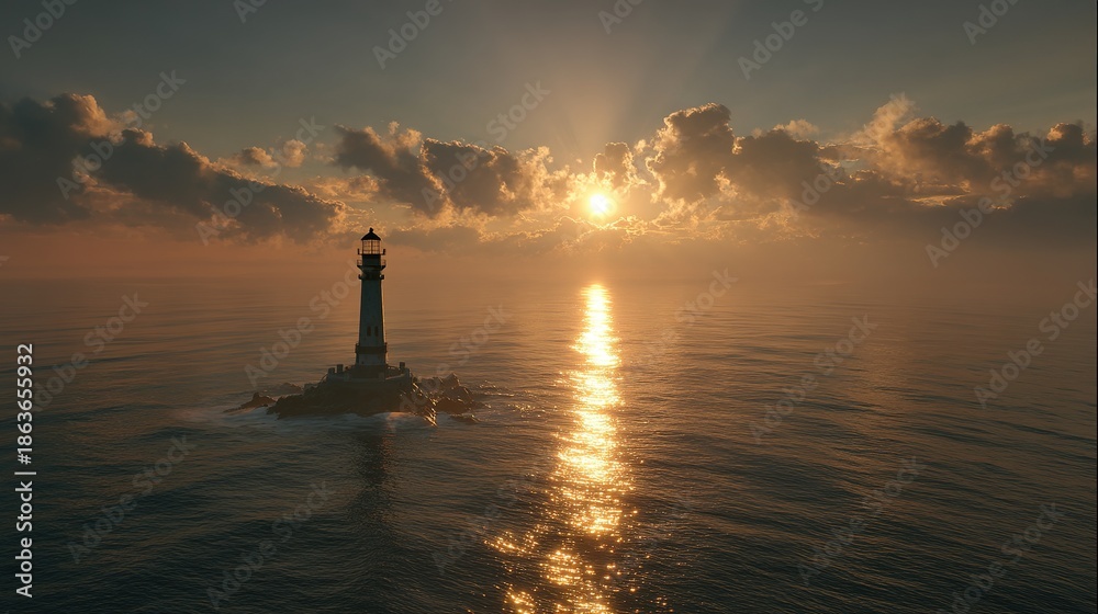 Fototapeta premium Lighthouse on rocky island illuminated by golden sunrise over calm sea