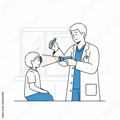 Ophthalmologist examining childs eyes with medical equipment.
