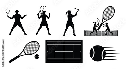 Silhouettes of tennis players and equipment representing the sport of tennis
