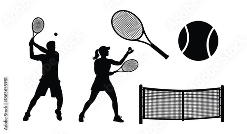Silhouettes of tennis players and equipment representing the sport of tennis