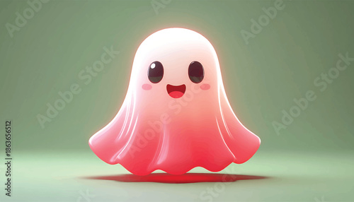 Adorable Pink Ghost with a Cheerful Smile on Green Background.
