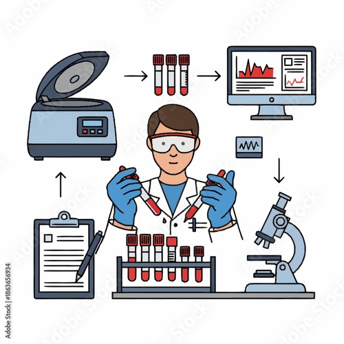 Scientist conducting medical research in a laboratory with various equipment.