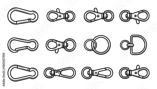 Outline carabiner clip vectors, metal buckles set design collection. Line art metal clip design elements.