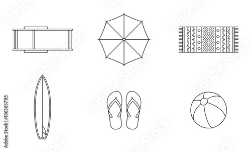 Outline illustration of beach essentials: deck chair, umbrella, rug, surfboard, flip flops and a beach ball.