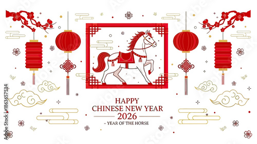 Chinese New Year 2026 Year of the Horse Festive Red and Gold Traditional Illustration