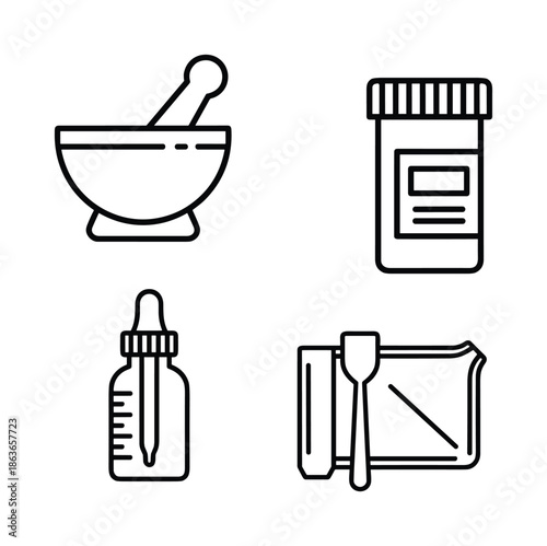 Pharmacy icons line art set. Mortar pestle, medicine bottle, dropper and cream. Healthcare vector icons.