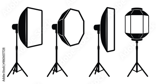 Photography studio lighting setup with softboxes and lantern, silhouettes on stands for photographic studio.