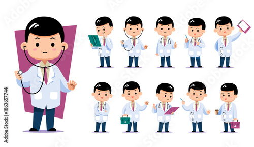 Collection of a cute chibi male doctor character in various professional poses. Perfect for healthcare presentations, medical apps, and educational materials.