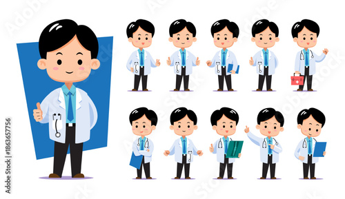 Collection of a cute chibi male doctor character in various professional poses. Perfect for healthcare presentations, medical apps, and educational materials.