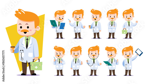 Collection of cute chibi male experienced senior doctor or professor character in various professional poses. Perfect for healthcare presentations, medical apps, and educational materials.