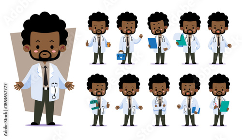 Collection of a cute chibi male african-american doctor character in various professional poses. Perfect for healthcare presentations, medical apps, and educational materials.