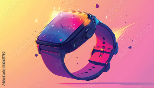 Vibrant Smartwatch Displaying a Colorful Abstract Design with a Purple Band.