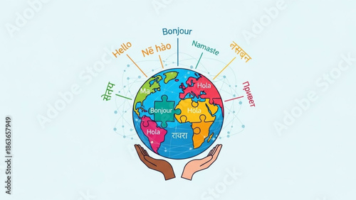 Diverse hands cradling a colorful puzzle globe with greetings in multiple languages for international communication and global connection with multicultural