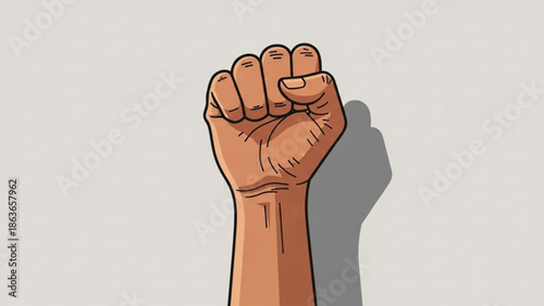 Raised fist with shadow on light background, symbolizing strength and solidarity in a graphic illustration with protest and activism and empowerment