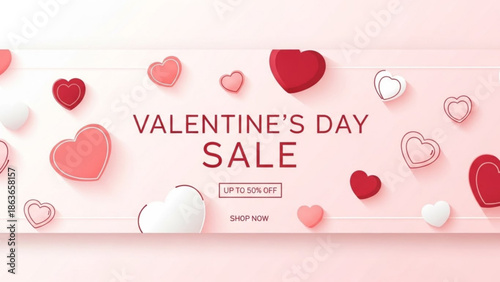 Valentine's day sale banner with hearts and promotional offer up to 50 percent off on pink background with valentines day sale and valentines day banner