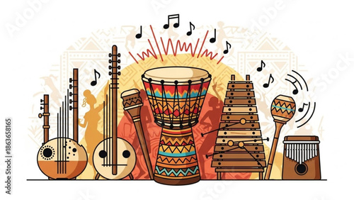 Collection of african musical instruments including djembe drum, balafon, and dunun with vibrant patterns and music notes with percussion and rhythm