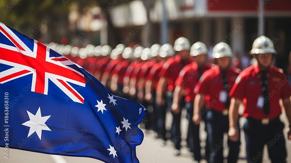 Fototapeta premium Australia day celebrations with firefighters and national flag