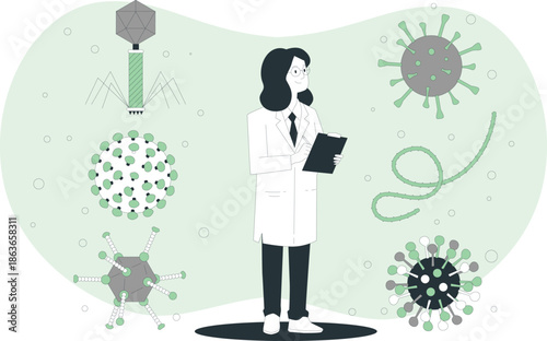 Scientist examining virus samples and data on tablet in laboratory setting