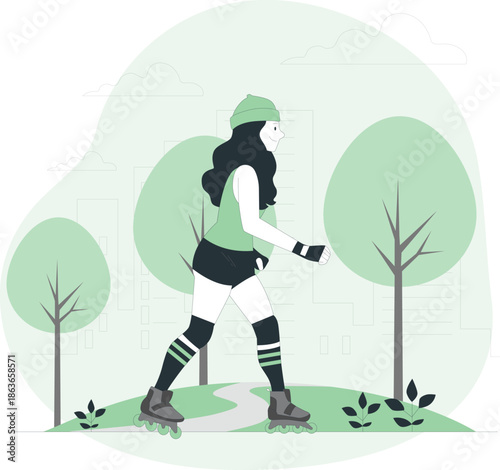 A young woman rollerblading on a winding path in a serene park surrounded by lush green trees