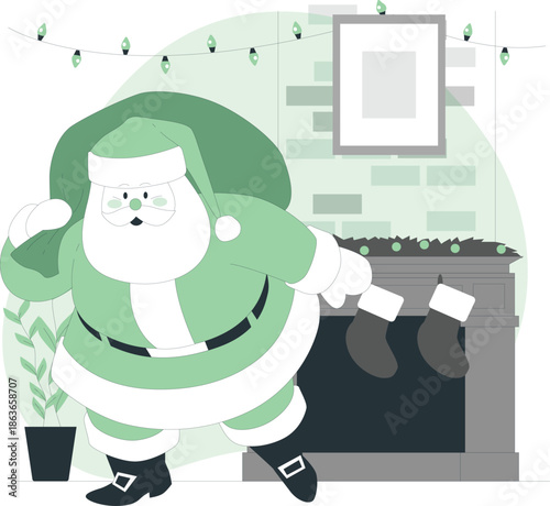 Santa Claus dancing in a festive green outfit beside a fireplace decorated with Christmas lights