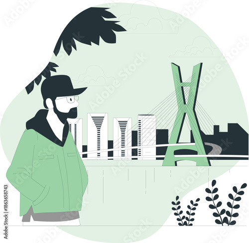 Man standing in front of cityscape with bridge and buildings