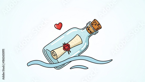 A romantic cartoon illustration of a glass bottle with a rolled up letter and red heart floating on wavy blue water with love and message and valentine