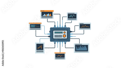 A graphic depicting a central processing unit managing and analyzing data across interconnected displays; it embodies the essence of modern technology's data intelligence